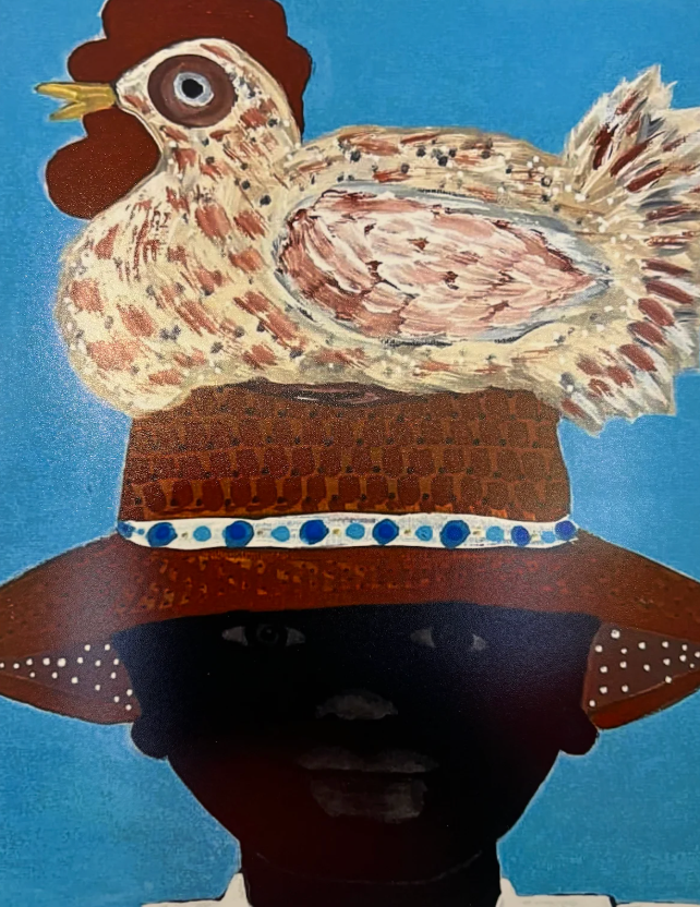 Artistic depiction of a person wearing a hat with a rooster.