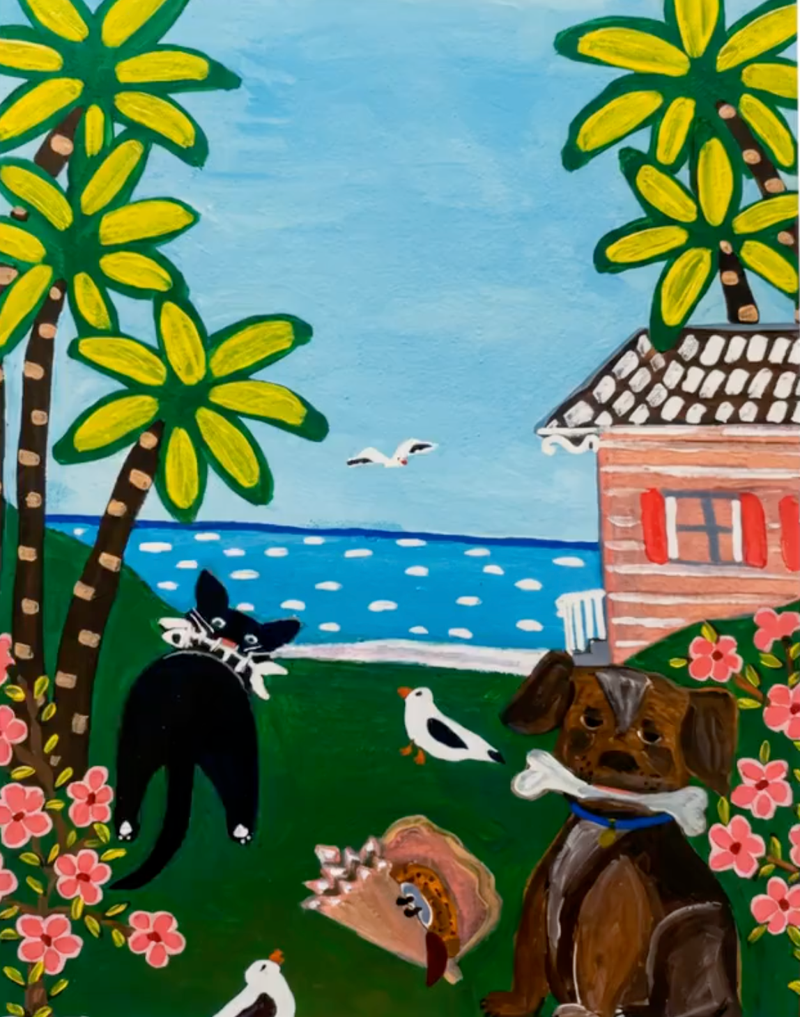 Artistic depiction of a dog, cat, and hedgehog by a beach house with palm trees and flowers.