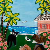 Artistic depiction of a dog, cat, and hedgehog by a beach house with palm trees and flowers.