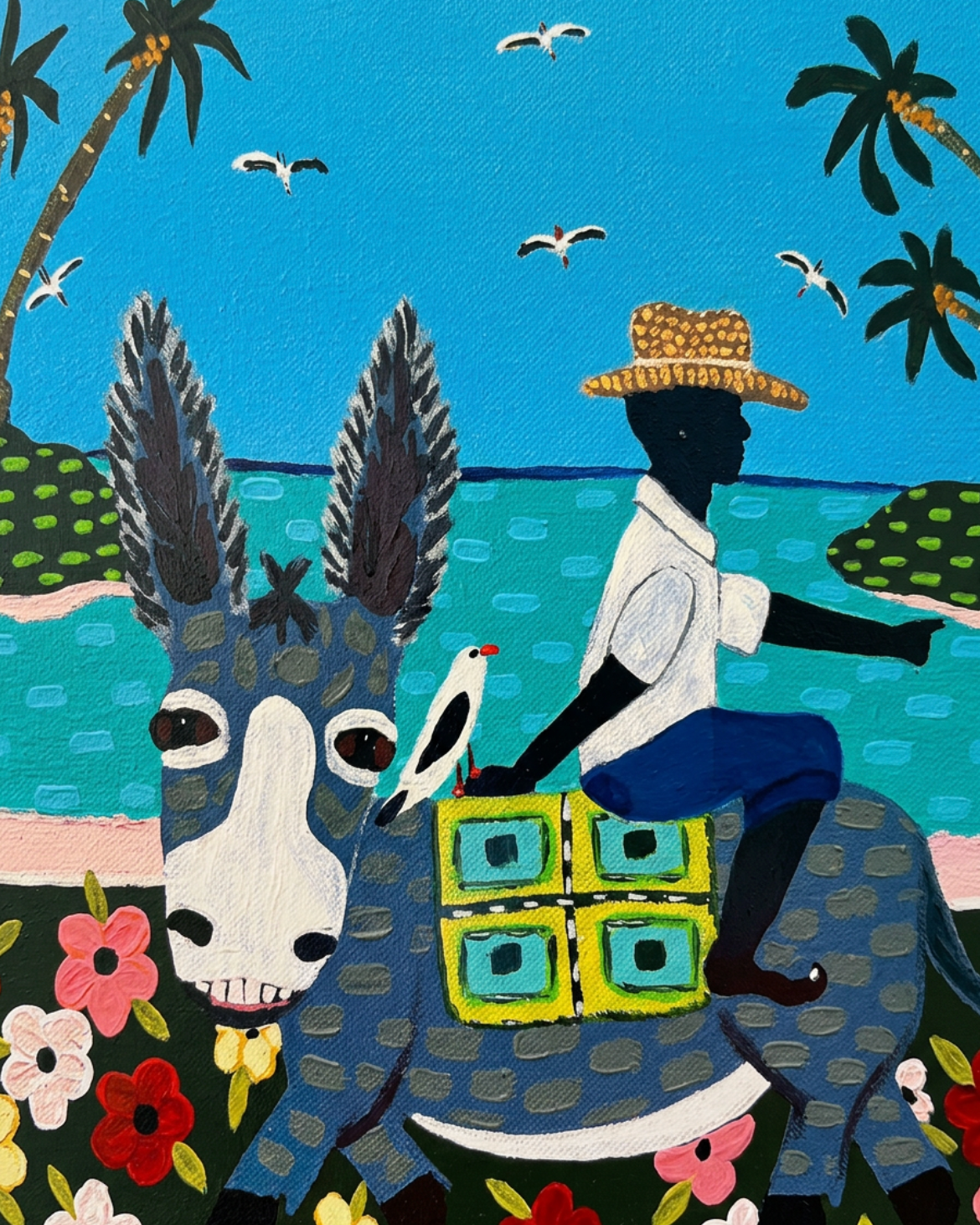 Colorful artwork of a person riding a donkey with a tropical background.