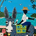 Colorful artwork of a person riding a donkey with a tropical background.
