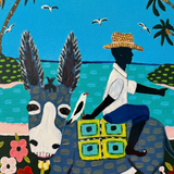 Colorful artwork of a person riding a donkey with a tropical background.