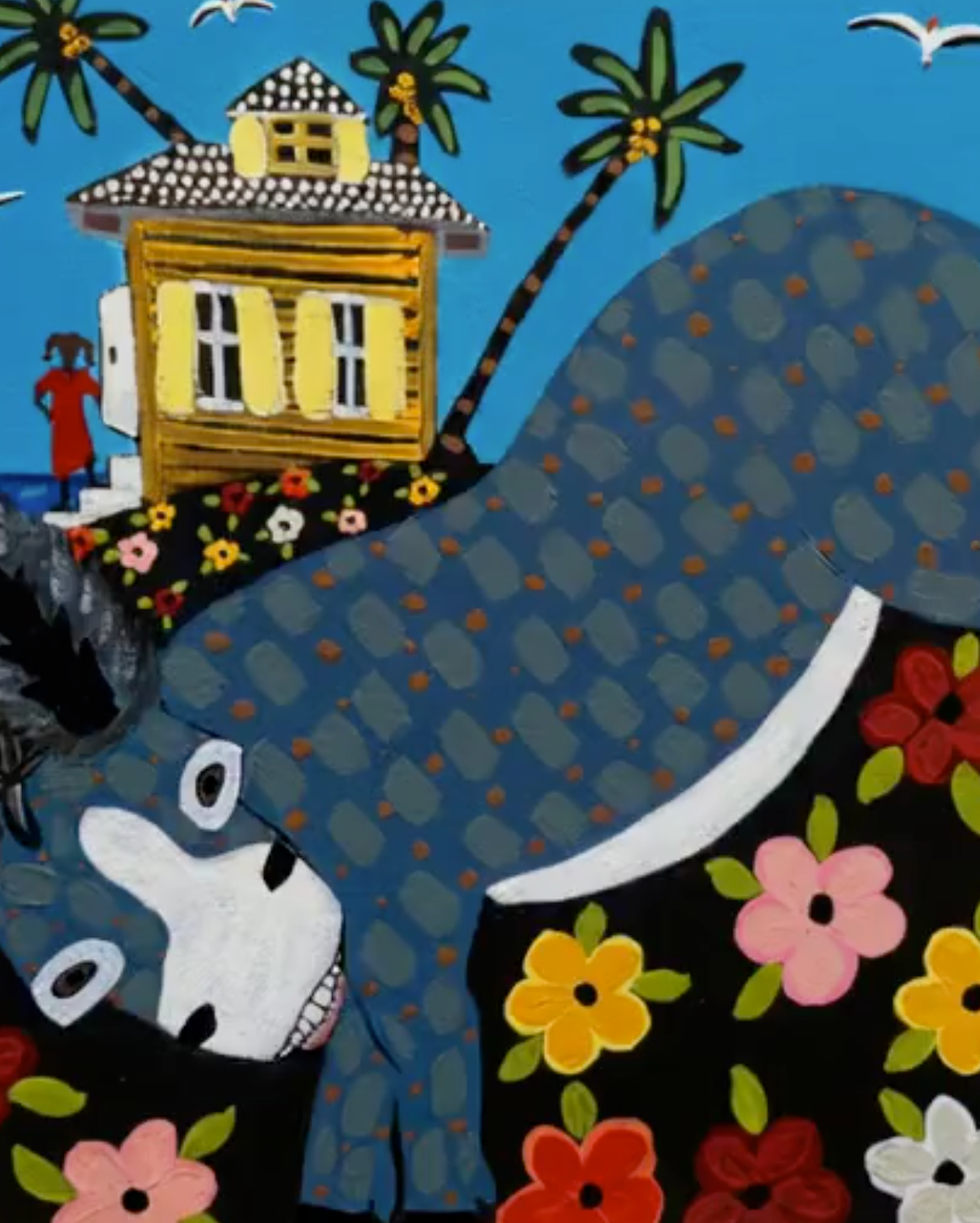 Colorful artwork featuring a large blue creature with flowers, a small house on its back, and palm trees.
