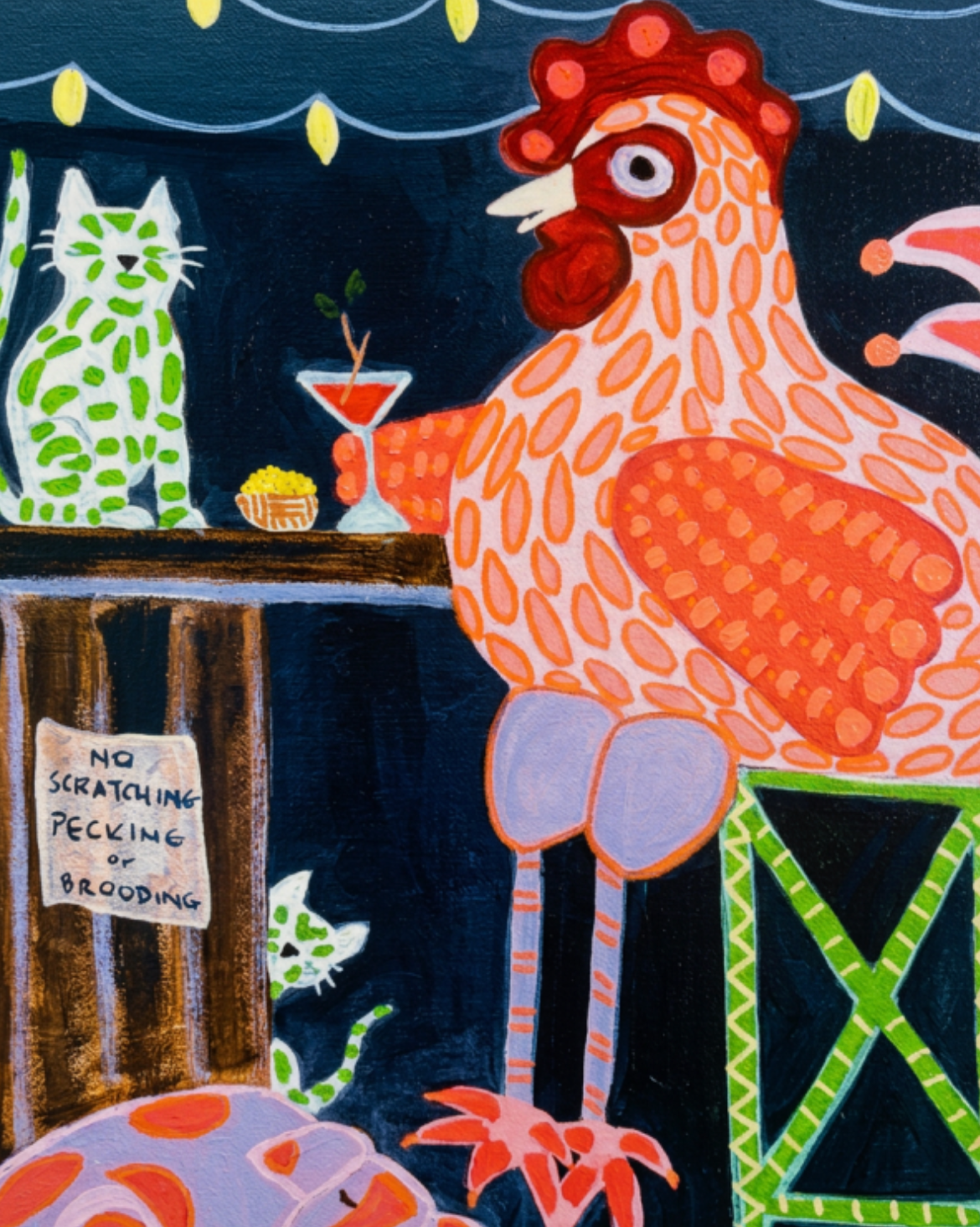 Colorful illustration of a rooster at a bar with cats. 
