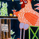 Colorful illustration of a rooster at a bar with cats. 