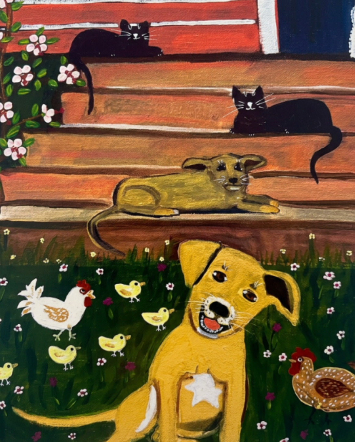 Painting of a dog, cat, and chickens on a garden path with flowers.