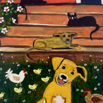 Painting of a dog, cat, and chickens on a garden path with flowers.