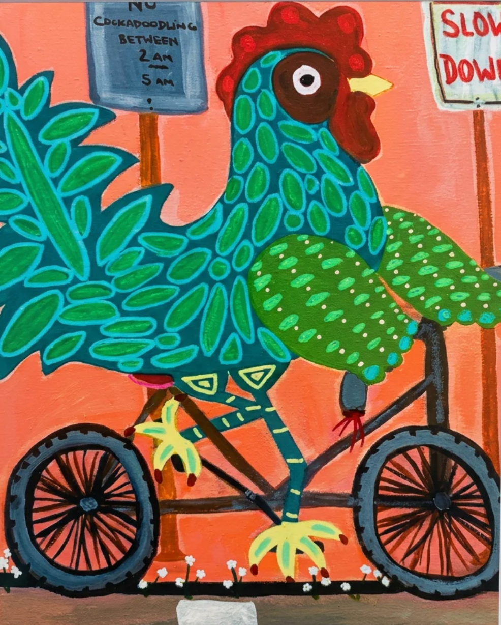 Colorful painting of a rooster riding a bicycle with signs in the background.