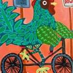 Colorful painting of a rooster riding a bicycle with signs in the background.