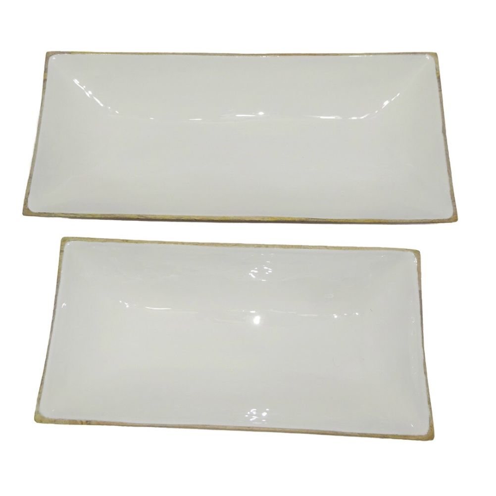 Two rectangular glossy white ceramic serving platters.