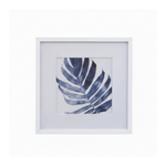 Framed botanical wall art featuring a single palm leaf print centered within a white mat and white frame.