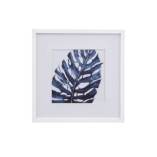 Framed botanical wall art featuring a large watercolor monstera leaf in deep 