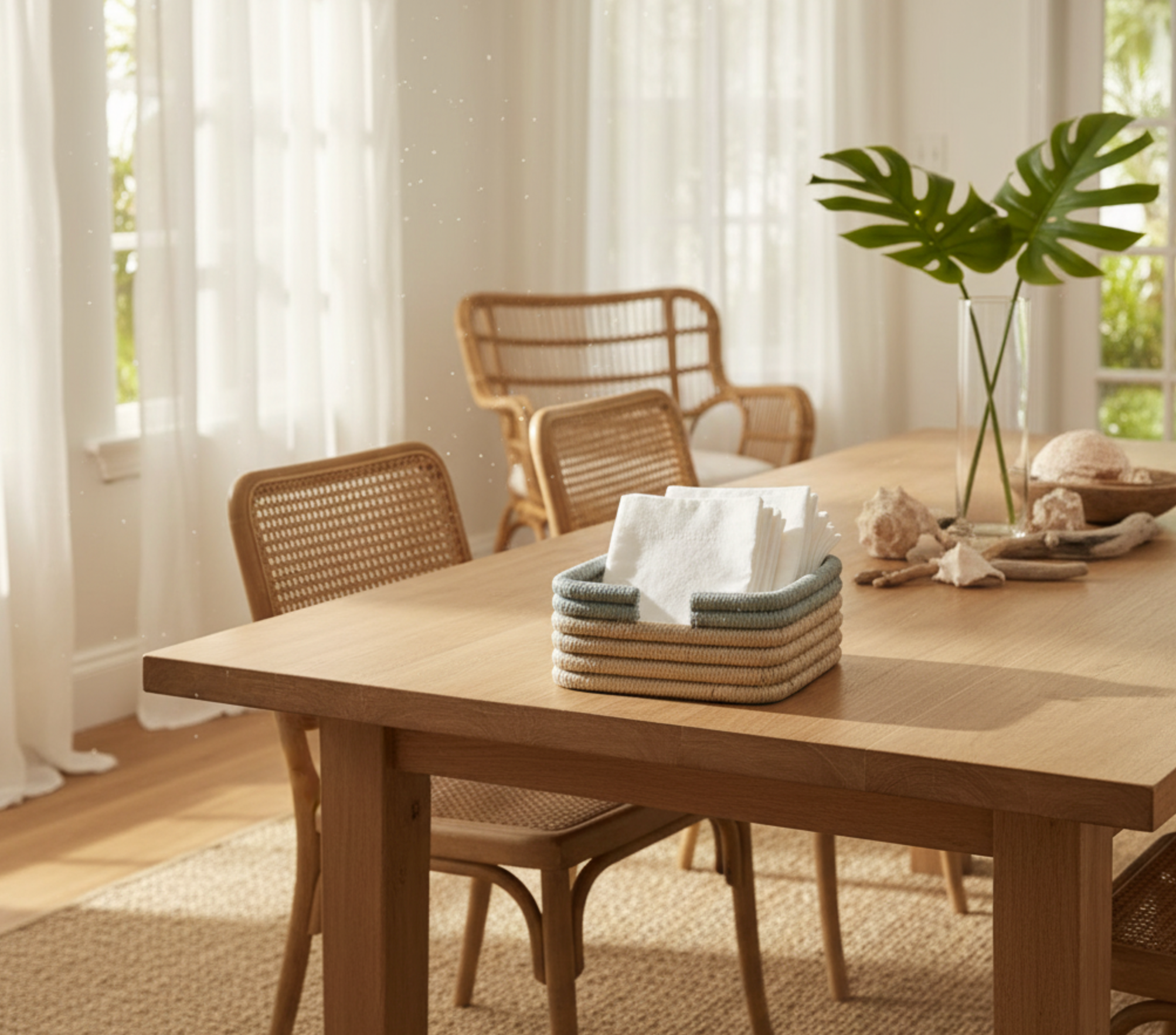 Compact napkin holder crafted from natural rattan, perfect for keeping napkins organized and within reach on your dining table or kitchen counter.