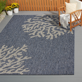 Blue outdoor rug with coral pattern.