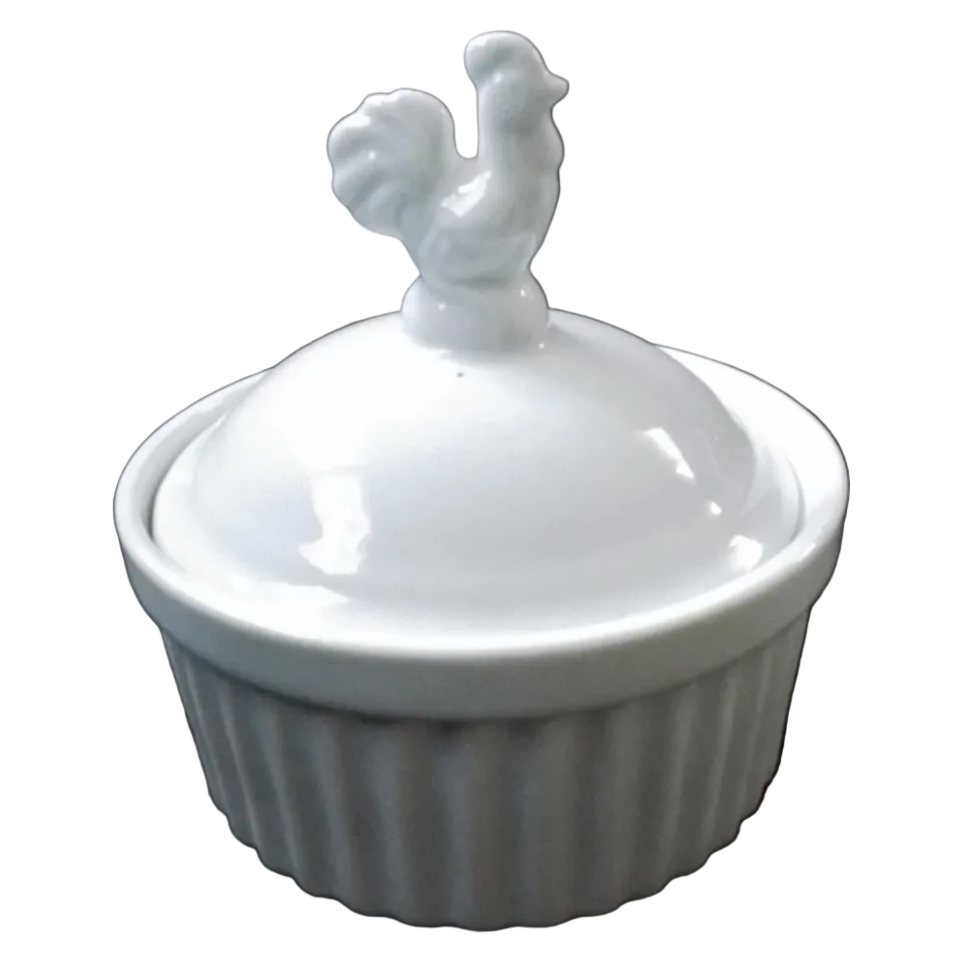 A white ceramic lidded dish with a fluted base and a rooster-shaped handle on top.