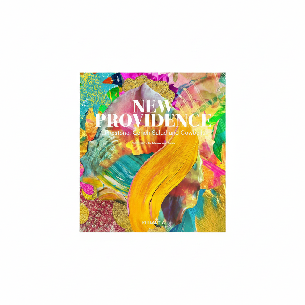 A colorful book cover titled "NEW PROVIDENCE" with the subtitle "Limestone, Conch Salad and Cowbells" and photographer credit to Alessandra Sarno. The cover features an abstract, painterly composition with bright yellow, pink, blue, orange, and purple brushstrokes and textured stone-like forms.