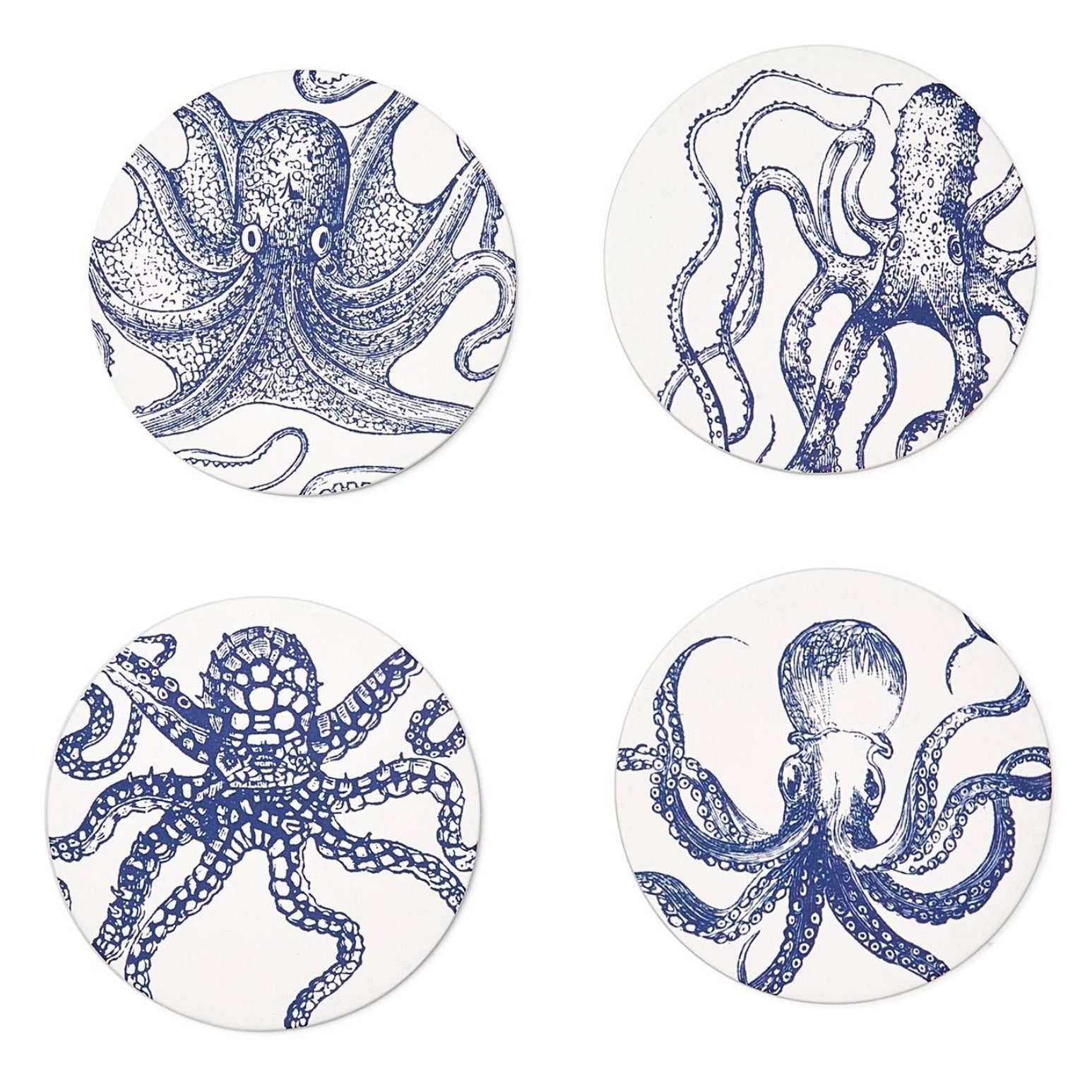 A set of four round paper coasters with an octopus design, each featuring a different variation of an octopus pattern.