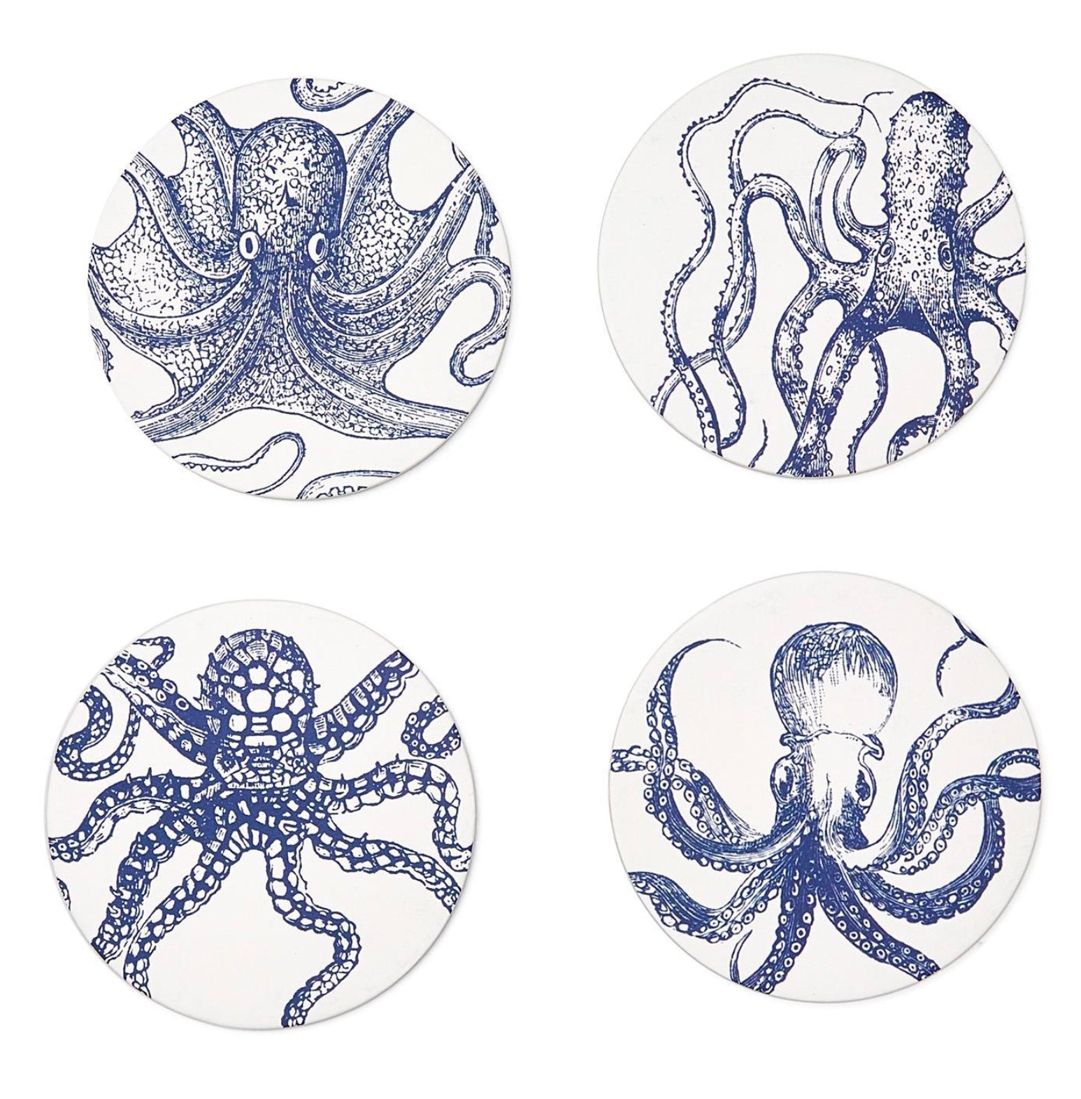 A set of four round paper coasters with an octopus design, each featuring a different variation of an octopus pattern.
