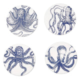 A set of four round paper coasters with an octopus design, each featuring a different variation of an octopus pattern.