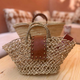Open Straw Basket/Leather Gold Studs