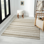 A rectangular area rug with horizontal beige and gray stripes.