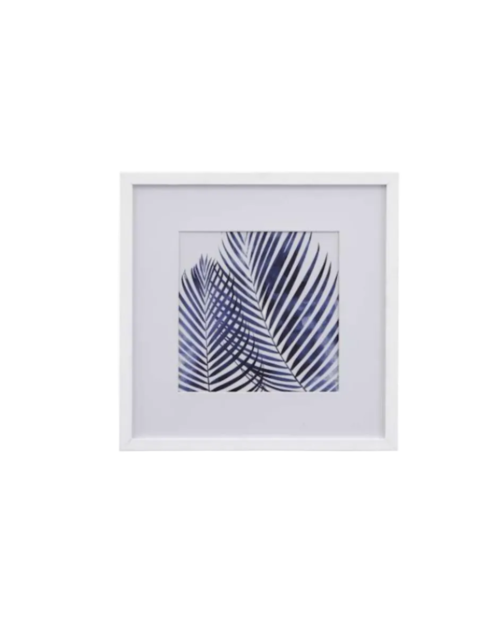 A square framed art print featuring a palm leaf pattern on a white mat and white frame.