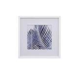 A square framed art print featuring a palm leaf pattern on a white mat and white frame.