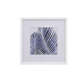 A square framed art print featuring a palm leaf pattern on a white mat and white frame.