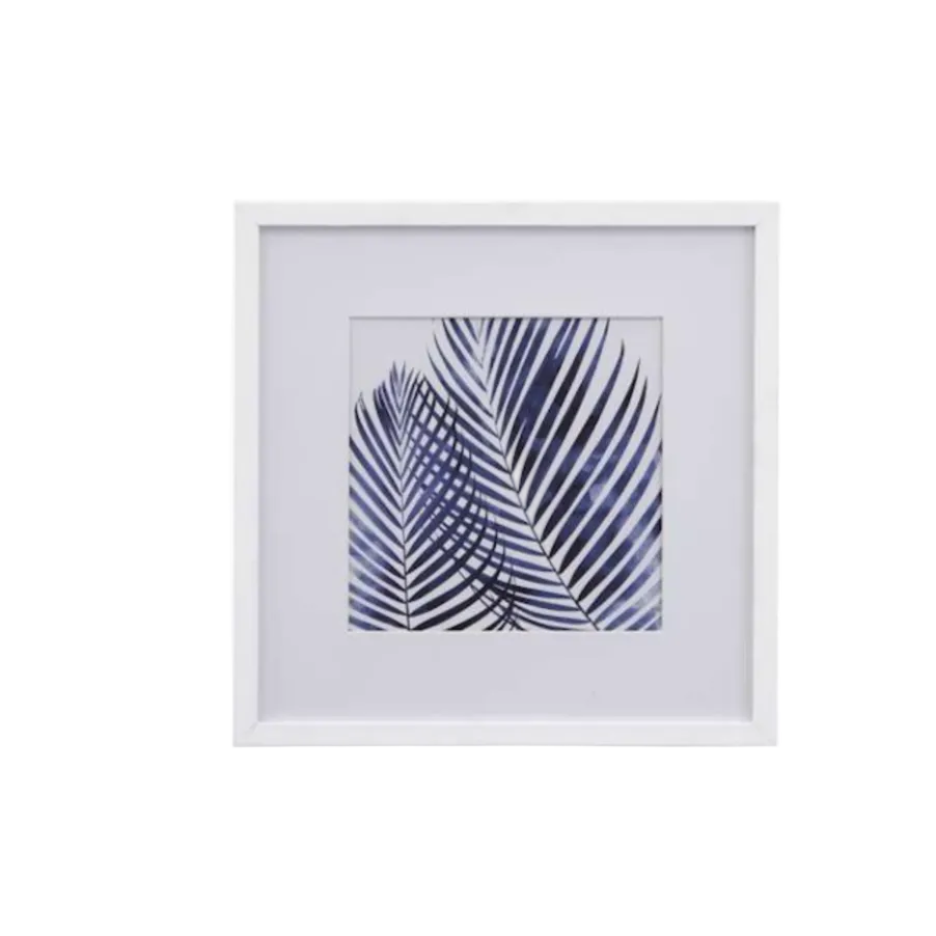 A square framed art print featuring a palm leaf pattern on a white mat and white frame.
