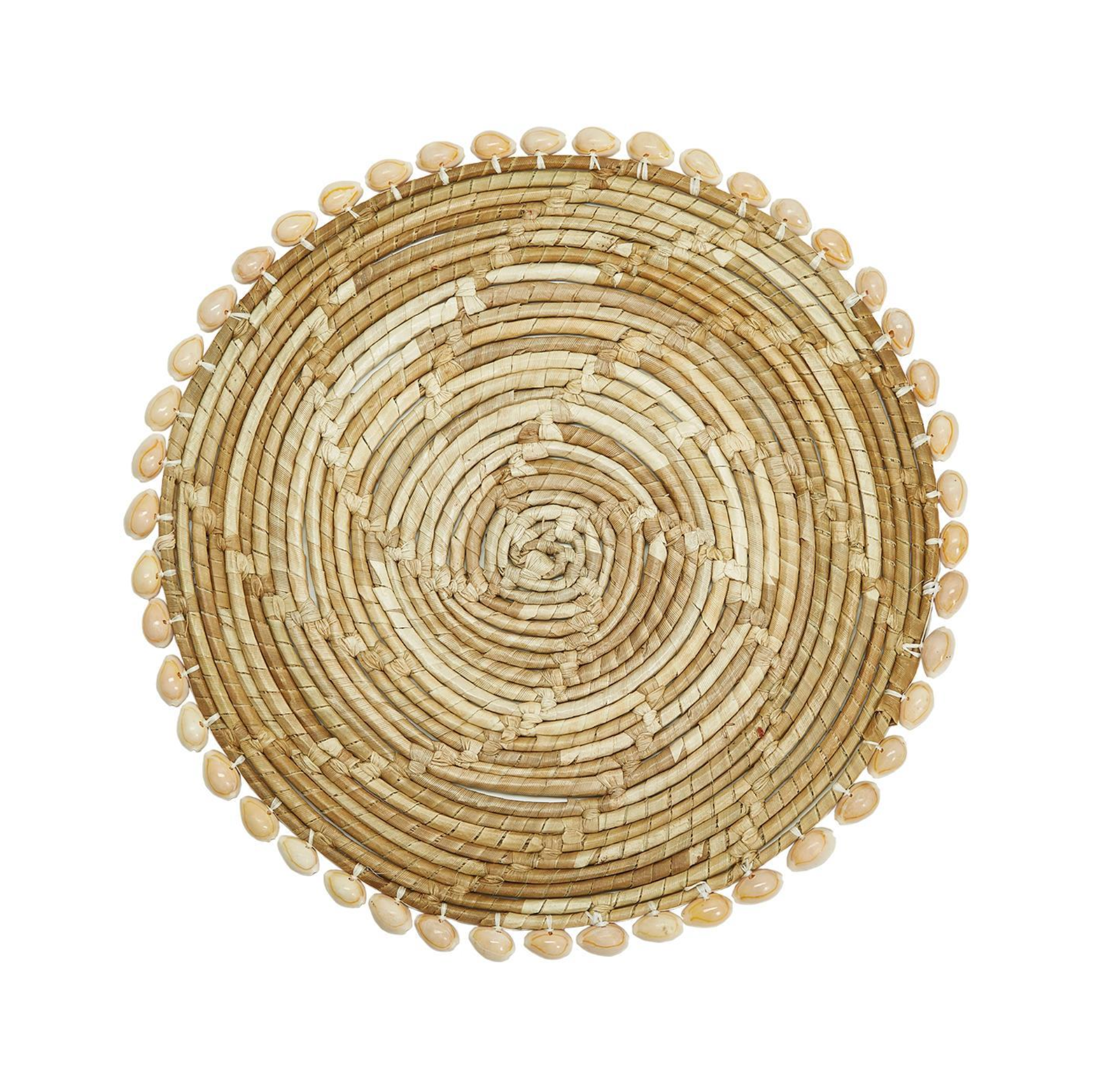 Round woven placemat with bead border with shells.