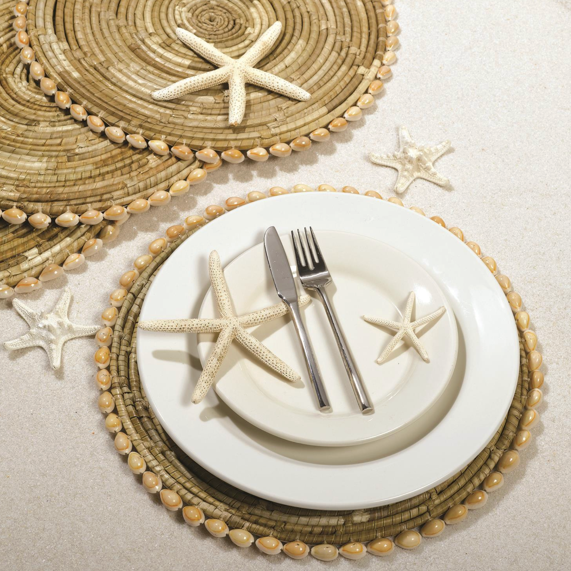 Table setting with starfish, shell placemats.