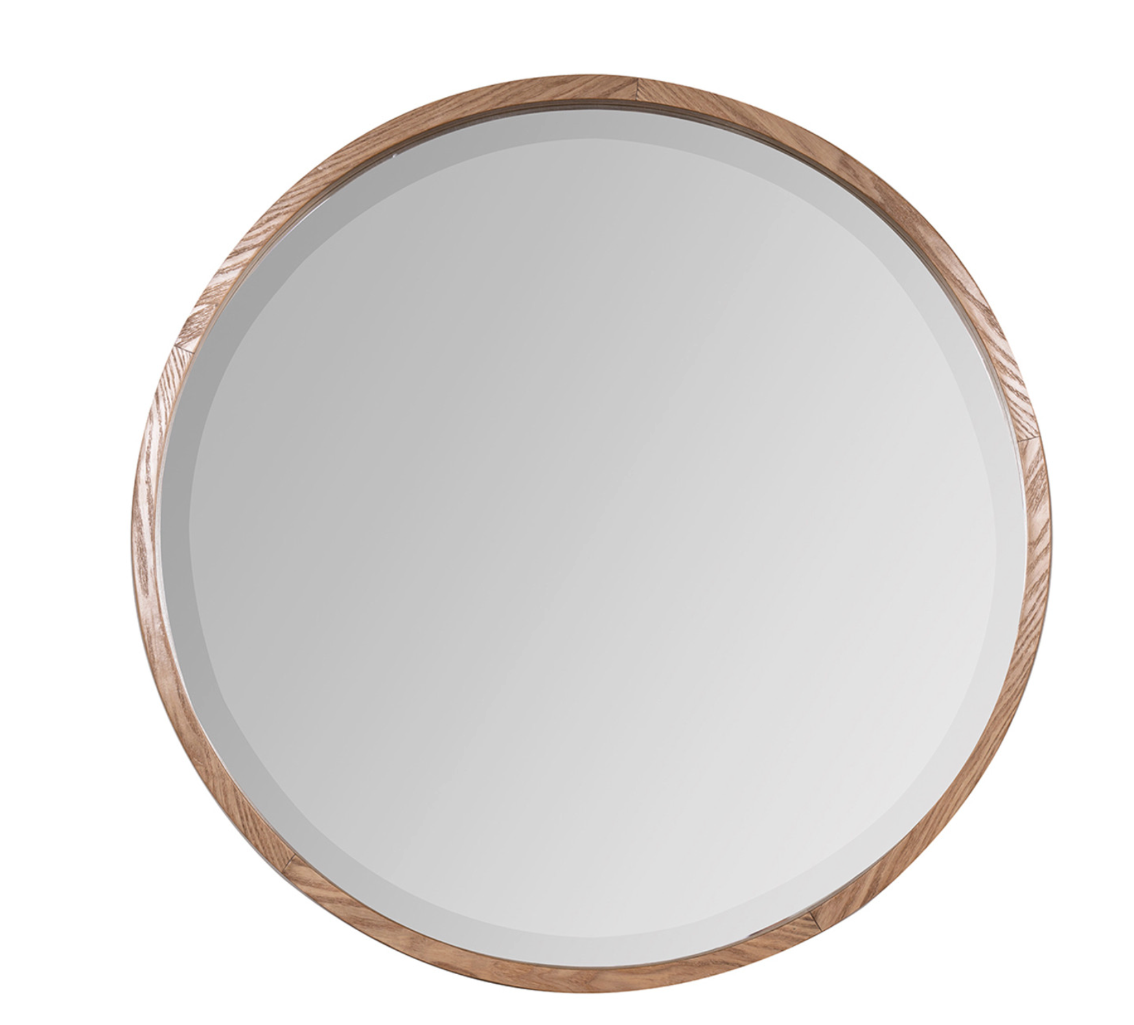 Round mirror with a wooden frame.