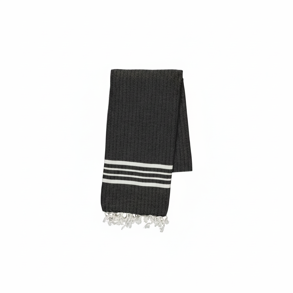 A Black ribbed wool scarf with three horizontal white stripes and white fringed tassels at the bottom.