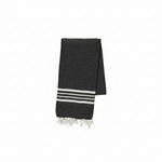 A Black ribbed wool scarf with three horizontal white stripes and white fringed tassels at the bottom.