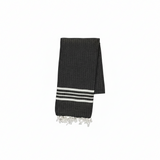 A Black ribbed wool scarf with three horizontal white stripes and white fringed tassels at the bottom.