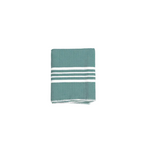 A folded teal green woven towel with white horizontal stripes and a white fringed edge.