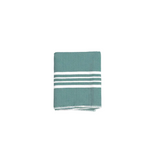 A folded teal green woven towel with white horizontal stripes and a white fringed edge.