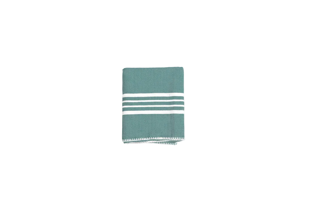 A folded teal green woven towel with white horizontal stripes and a white fringed edge.