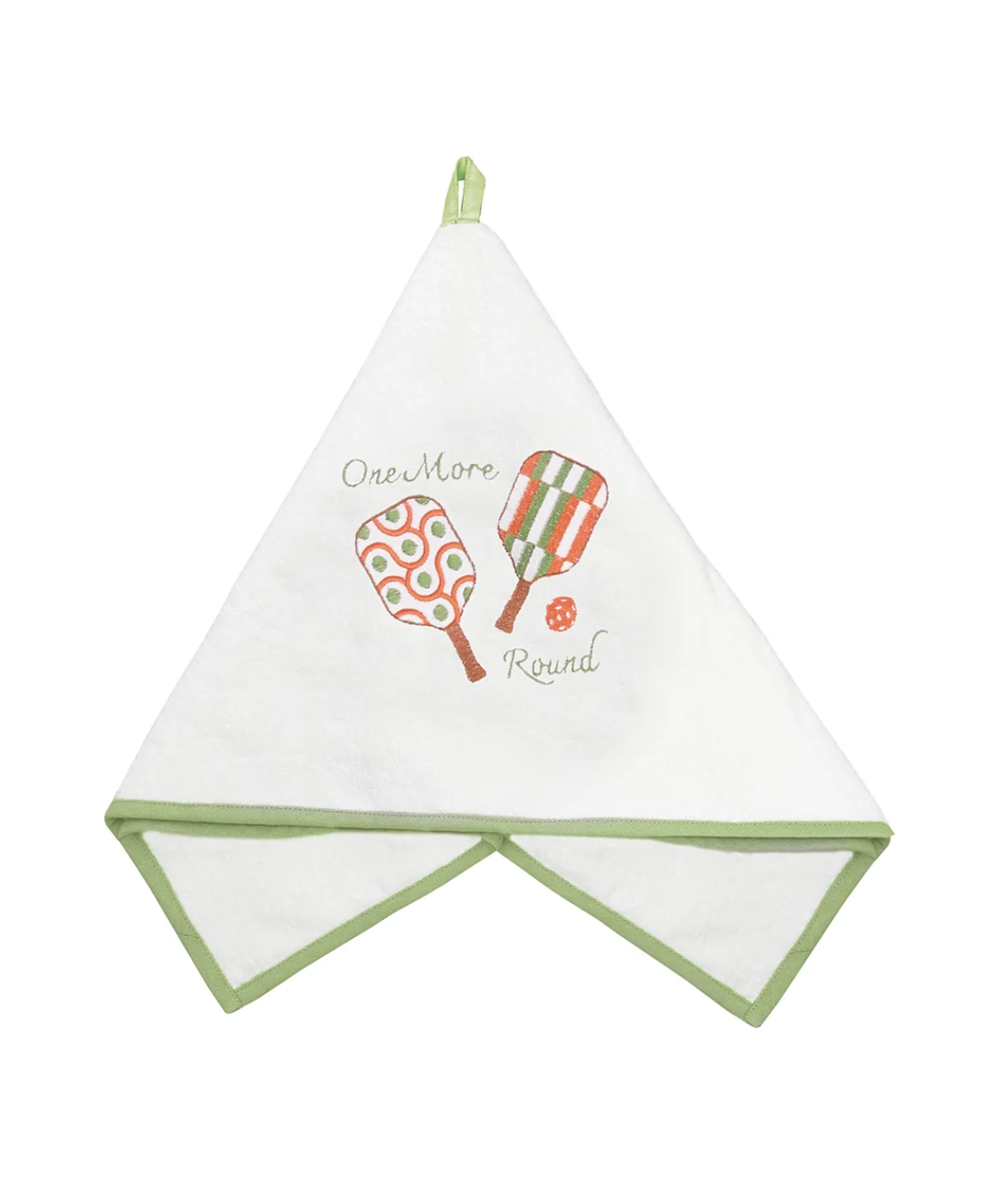 A white cotton kitchen towel with sage green trim, featuring a retro graphic of two tennis rackets and the text 'One More Round' in green and orange.