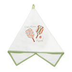 A white cotton kitchen towel with sage green trim, featuring a retro graphic of two tennis rackets and the text 'One More Round' in green and orange.