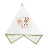 A white cotton kitchen towel with sage green trim, featuring a retro graphic of two tennis rackets and the text 'One More Round' in green and orange.