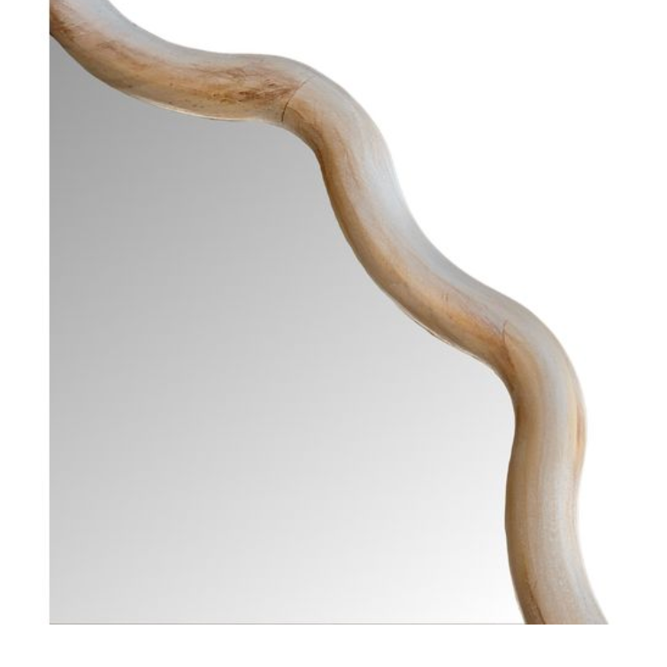Decorative mirror with wavy wooden frame.