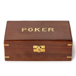 A rectangular wooden box with a medium brown finish, featuring the word 'POKER' engraved in gold on the lid and a gold metal latch on the front, set against a plain white background.
