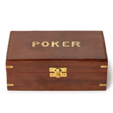 A rectangular wooden box with a medium brown finish, featuring the word 'POKER' engraved in gold on the lid and a gold metal latch on the front, set against a plain white background.