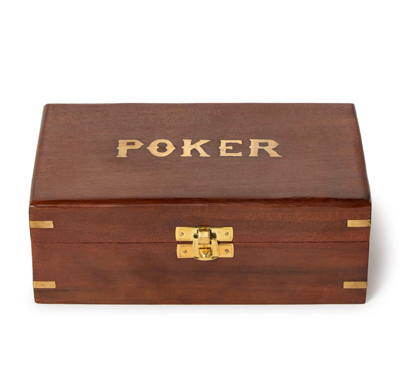 A rectangular wooden box with a medium brown finish, featuring the word 'POKER' engraved in gold on the lid and a gold metal latch on the front, set against a plain white background.