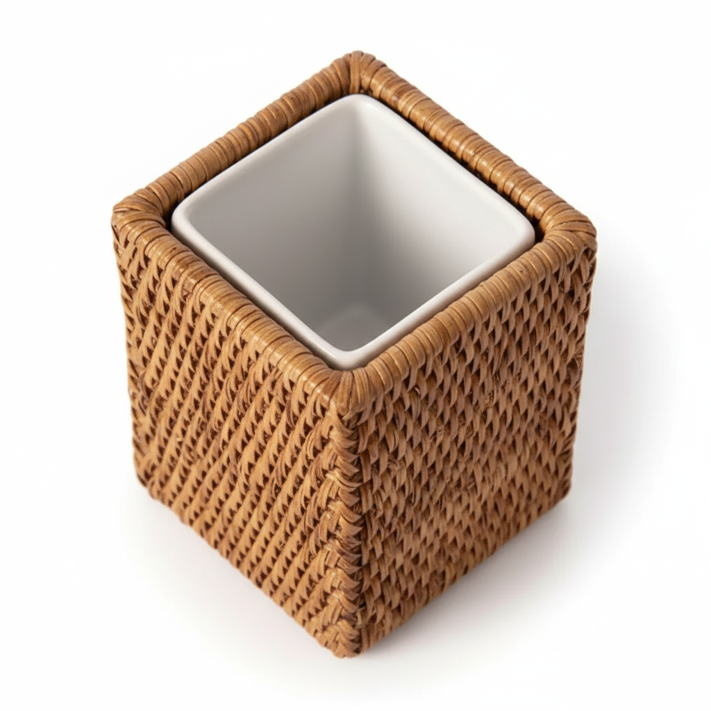 Rectangular container with woven brown wicker frame and metallic lid.