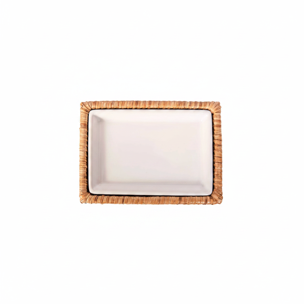 Rectangular white plate with a wicker rim 