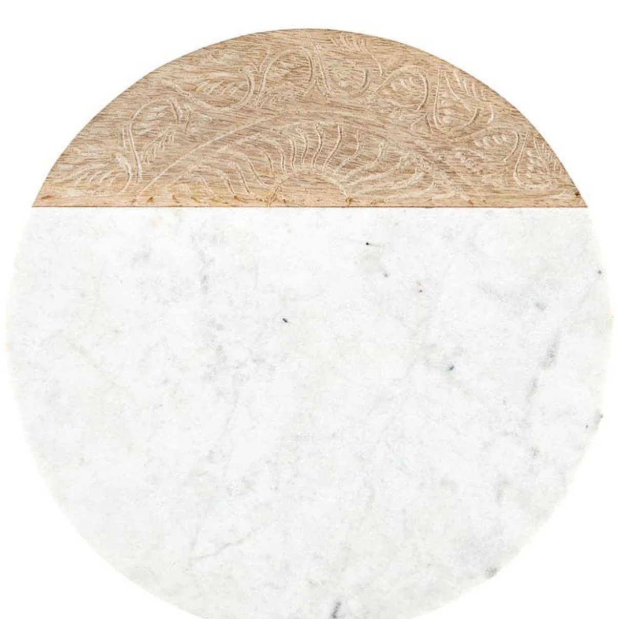  Round serving board combines white marble and natural mango wood for a sophisticated, mixed-material aesthetic. 
