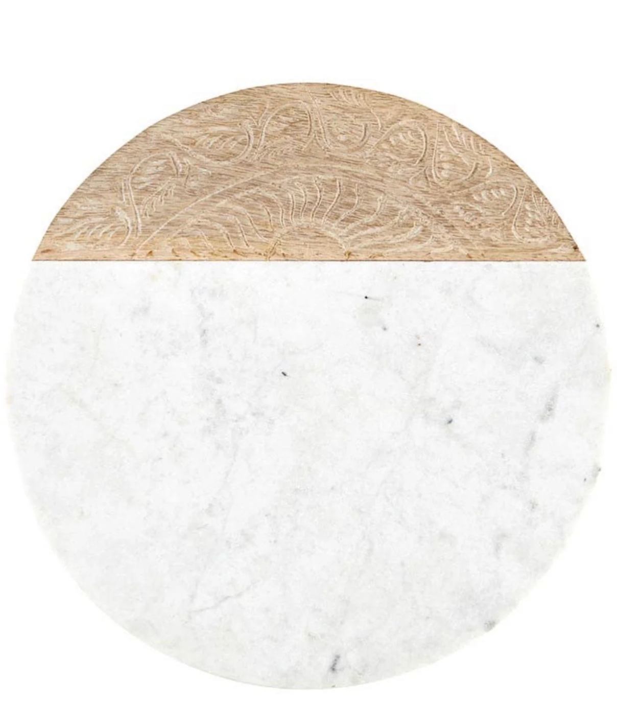  Round serving board combines white marble and natural mango wood for a sophisticated, mixed-material aesthetic. 