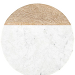  Round serving board combines white marble and natural mango wood for a sophisticated, mixed-material aesthetic. 